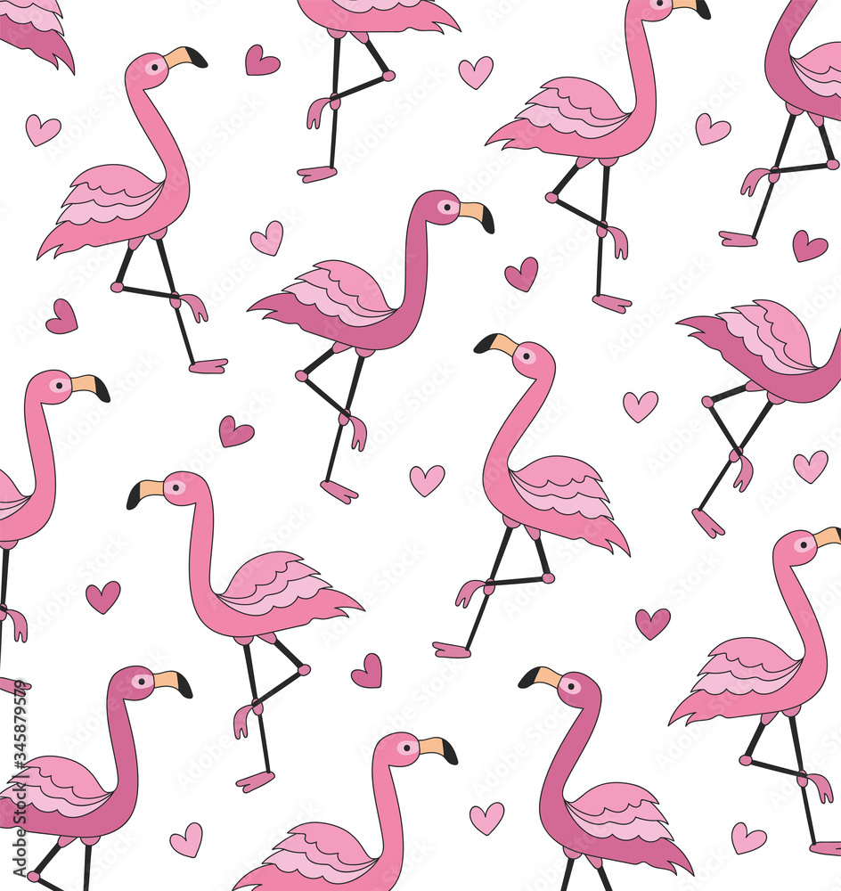 Obraz premium Cute Flamingo with white hearts on white background. Background of flamingos pink animals exotic vector illustration design. Design artistic doodle element for card, print, template, wallpaper.