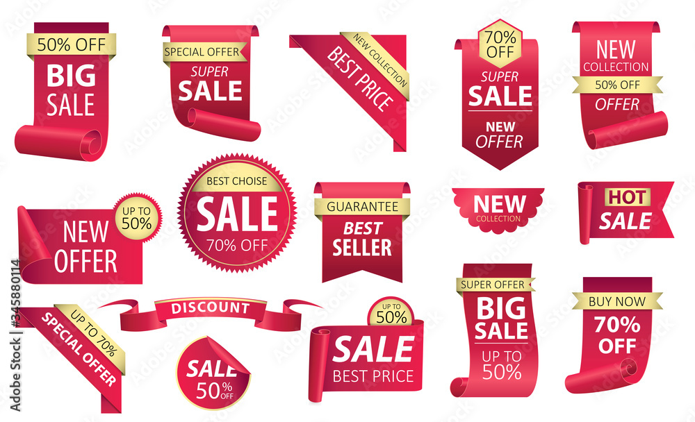 Price tags, red ribbon banners. Sale promotion, website stickers, new offer badge collection isolated illustration