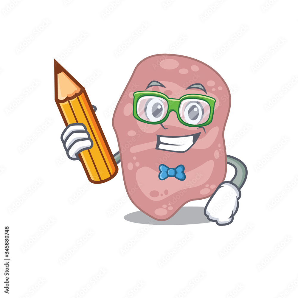 A brainy student verrucomicrobia cartoon character with pencil and glasses