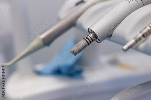 Dental technician room. Close up of modelling tools for precision surgery and implants. Modern medicine, dentist concept, national health care service. Drill with a tip, Italian hospital in Rome. 