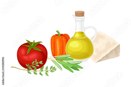 Ingredients for Bruschetta Preparation with Kitchen Herbs and Vegetables Vector Illustration