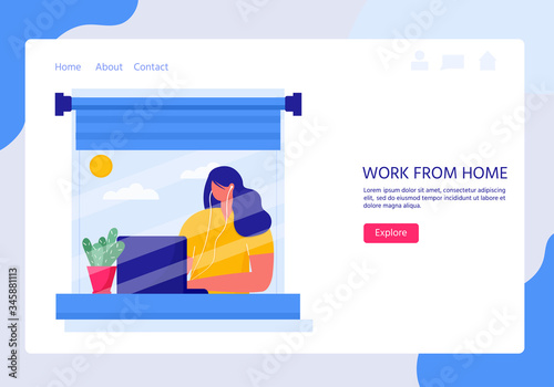 Concept illustration of working at home, coworking space. Woman working on laptop at house. Self isolation, work from home landing page. Stay at home for precaution covid - 19. Vector