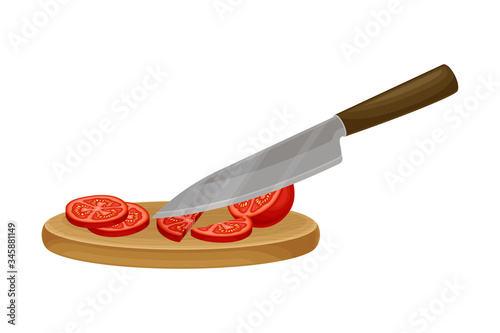 Knife Slicing Tomato on Cutting Board as Ingredient for Bruschetta Preparation Vector Illustration