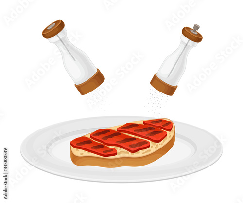 Dressing of Roasted Toast Bread Slice with Meat Rested on Plate as Bruschetta Preparation Vector Illustration