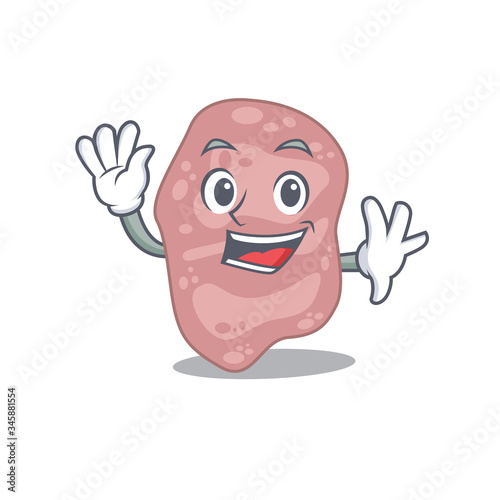 A charismatic verrucomicrobia mascot design style smiling and waving hand