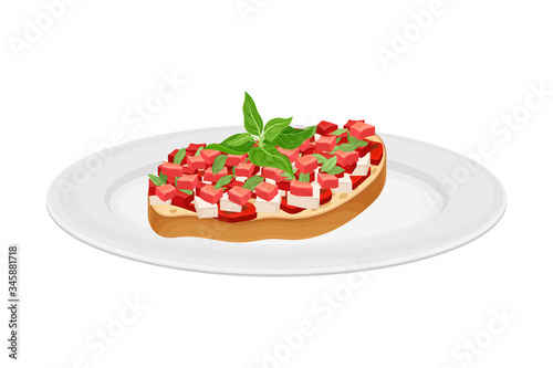Bruschetta with Tomato and Cheese Garnished with Kitchen Herb Vector Illustration