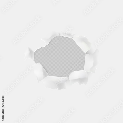 Hole on white paper with torn edges. Hole from shot, penetration, design of empty sheet with rounded edges on vector sides of hole.