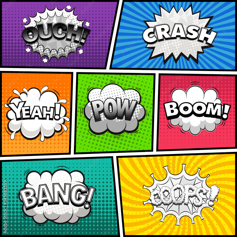 Comic book page divided by lines with black and white speech bubbles, sounds effect. Retro background Mock-up. Comics template. Illustration
Comic book page divided by lines with black and white speech bubbles, sounds effect. Retro background Mock-up. Comics template. Illustration
