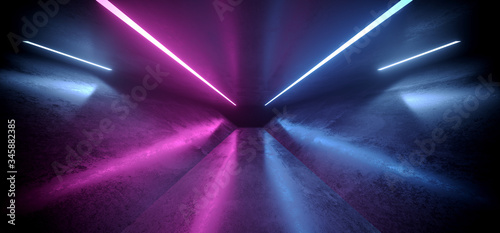 Neon Laser Glowing Purple Blue Red Grunge Concrete Underground Tunnel Corridor Glossy Reflective Cement Asphalt TRiangle Shaped Tilted Background Hallway Warehouse 3D Rendering © IM_VISUALS