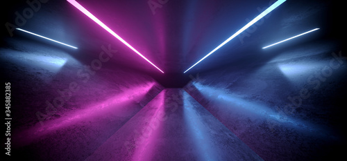 Fototapeta Naklejka Na Ścianę i Meble -  Neon Laser Glowing Purple Blue Red Grunge Concrete Underground Tunnel Corridor Glossy Reflective Cement Asphalt TRiangle Shaped Tilted Background Hallway Warehouse 3D Rendering