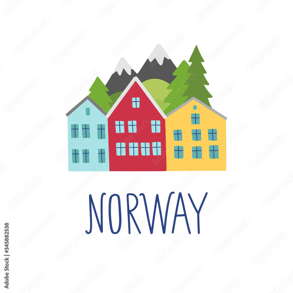 Norway travel illustration. Cozy houses and nature landscape vector clipart. Visit Norway and Scandinavia theme