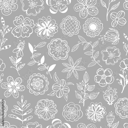 Wallpaper Mural Hand drawn seamless pattern vector of blooming flowers, leaves with patterns. Spring floral set elements. Ink doodle sketch illustration for design card, invitation, wallpaper, wrapping paper, fabric Torontodigital.ca