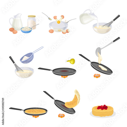 Process of Cooking Pancakes Step by Step with Ingredients Vector Set