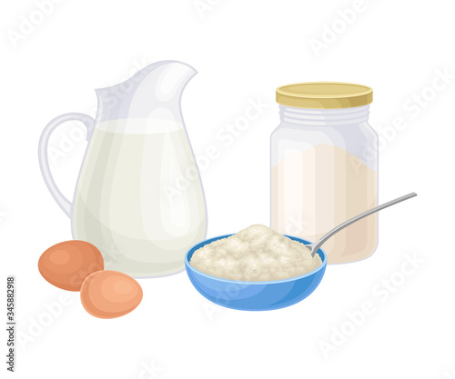 Ingredients for Cooking Pancakes with Flour and Jar of Milk Vector Illustration