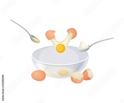 Mixing of Ingredients for Cooking Pancakes with Breaking Eggs Vector Illustration