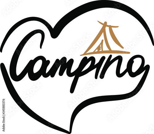 lettering style camping, handwritten with heart and brown tent, logo, decor, print, typography for climbing, for key chains, camps, recreation, tourism, travel, for summer camp flyers and posters