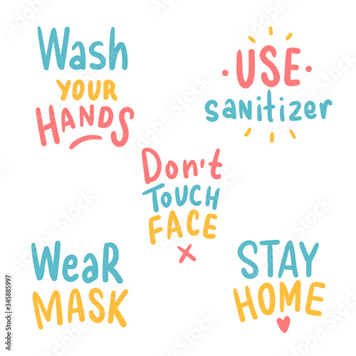Coronavirus hand drawn lettering elements. Set of pandemic recommendations words. Slogans wash your hands, use sanitizer, don't touch face, stay home, wear mask.