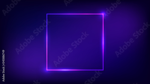 Neon square frame with shining effects on dark background. Empty glowing techno backdrop. Vector illustration.
