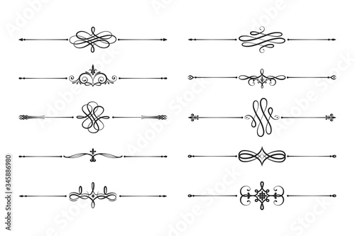Hand drawn elegant filigree dividers. Ornate swirl borders.  Vector isolated motif decor separators. Classic wedding invitation calligraphic lines.