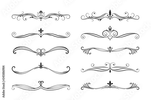 Hand drawn elegant text dividers. Ornate swirl borders.  Vector isolated motif separators. Classic wedding invitation lines.