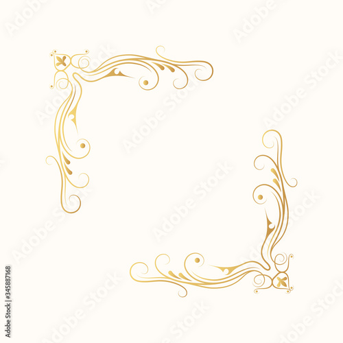 Hand drawn golden elegant corner frame. Ornate gold border.  Vector isolated royal swirl banner. Classic wedding invitation template.