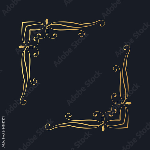 Calligraphic golden frame. Hand drawn antique vintage corner border.  Vector isolated classic wedding invitation card gold decor templates.