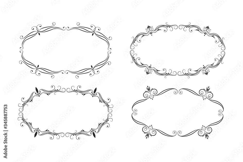 Hand drawn set of elegant oval frames. Curve borders.  Vector isolated classic wedding invitation templates.