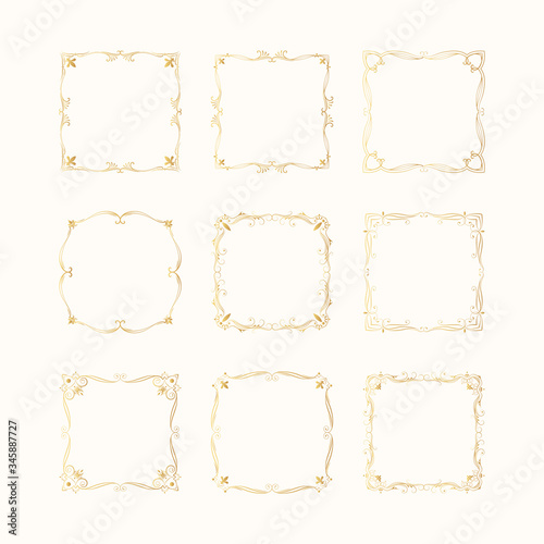 Hand drawn set of golden elegant squared frames. Gold royal borders.  Vector isolated vignette monogram. Classic wedding invitation templates with vintage elements.