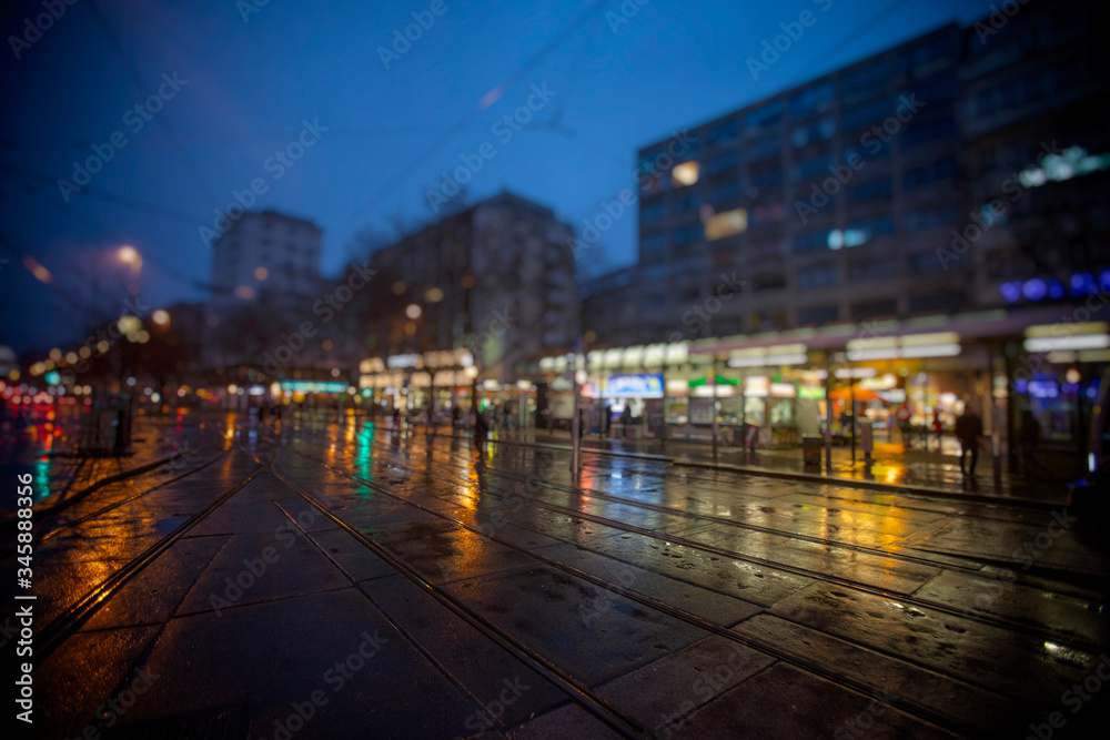 colorful rainy night streets in the city 
