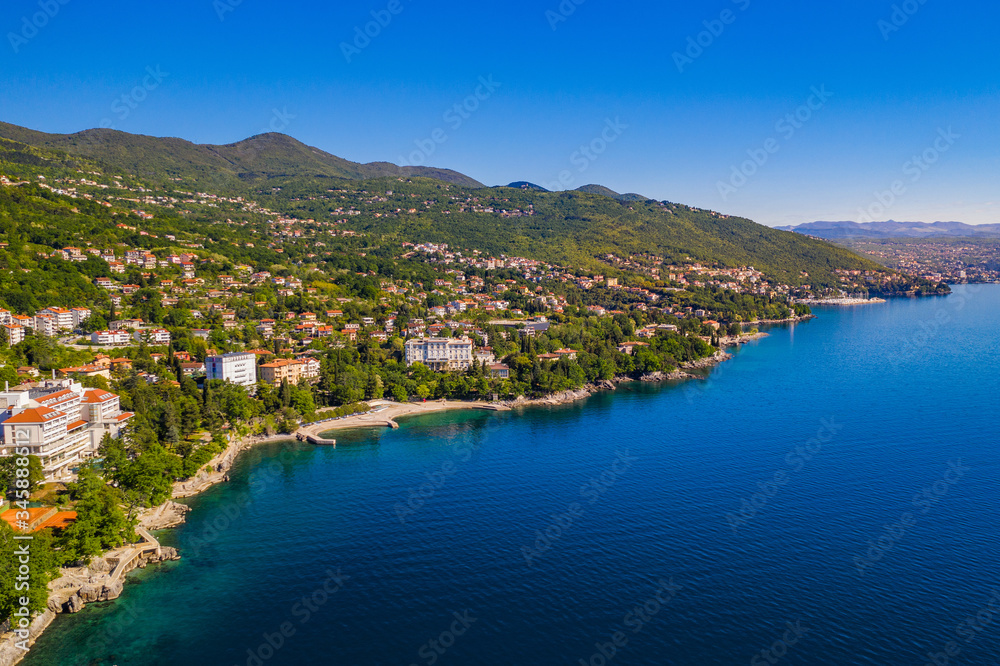 Croatia, beautiful Adriatic coastline, Lovran riviera, aerial panoramic view in Kvarner bay
