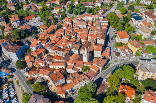 Croatia, Adriatic coast, beautiful old town of Lovran, historic center and coastline aerial view, Kvarner bay 