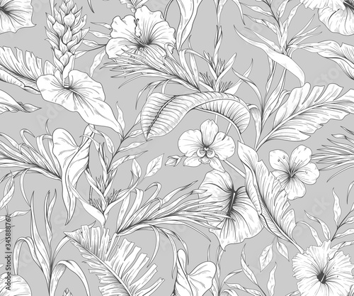Seamless black-white pattern with tropical flowers and leaves