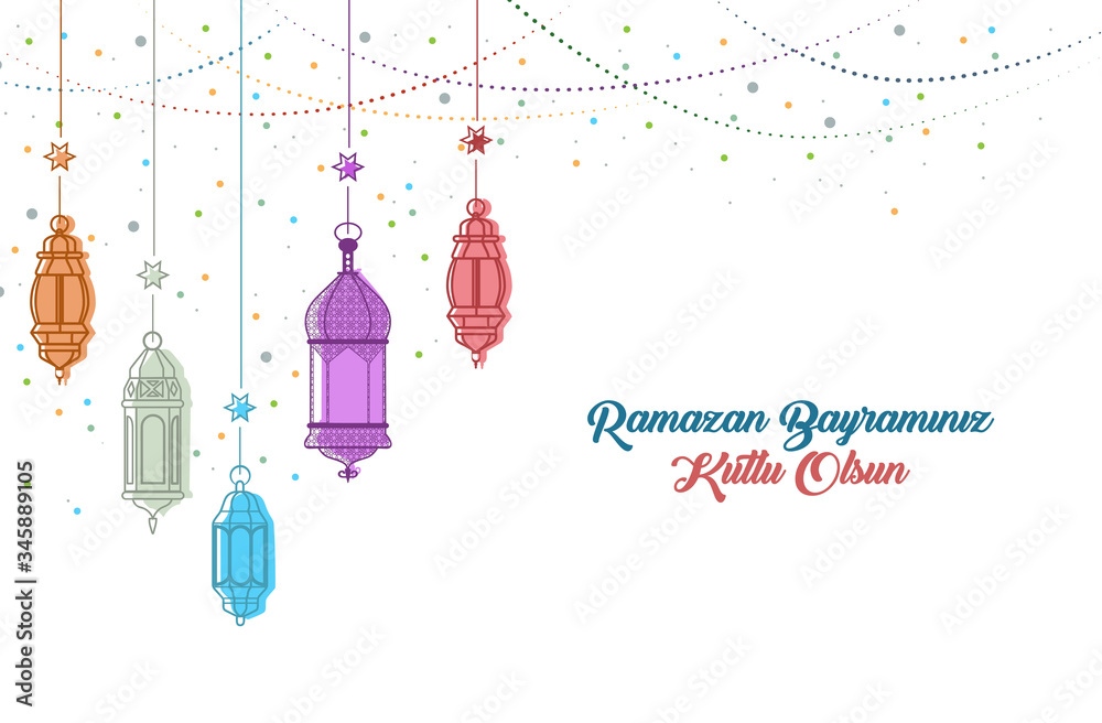 A minimal Ramadan celebration image decorated with oil lamps specific to Islamic culture and containing a crescent unique to Islamic culture. vector illustration. eps 10