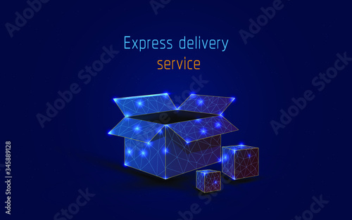 open and closed box, delivery of goods online to doors, to any place, quickly, efficiently, carefully, Low poly design style.dark blue background. wireframe,low poly,plexsus,triangle,dot,vector,eps10