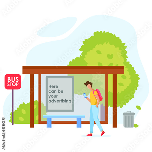 Man with a backpack, in blue pants and a yellow T-shirt, at a bus stop, waiting for a bus. At the bus stop there is a place for advertising. Flat vector illustration.