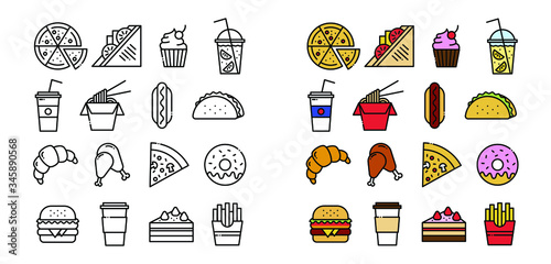 Icon set of food related outline design, included as pizza, sandwich, cake, lemonade, wok, hot dog, tacos, croissant, fried chicken, pizza slice, donut, burger, coffee, cupcake, french fries.