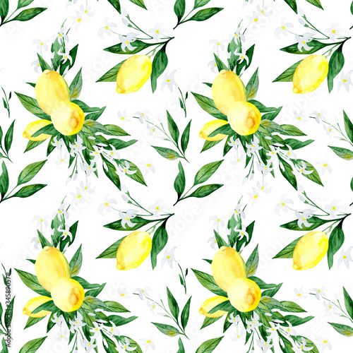 Pattern with yellow lemon, green leaves, and white flowers
