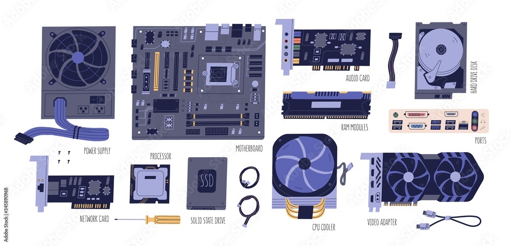 Collection of computer components. Pc and laptop parts: power supply,  motherboard, audio card, HDD, RAM, network card, SSD, processor, CPU, video  adapter isolated on white. Vector flat illustration Stock Vector | Adobe