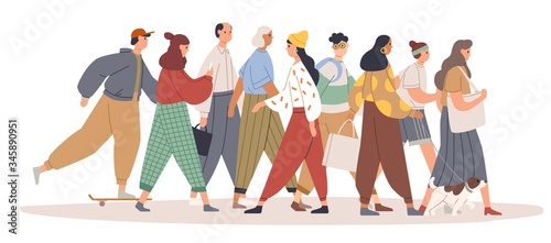 Young woman going against the flow. Person opposing the crowd. Girl choose her own way. Female character moving against the stream. Colorful vector illustration in flat cartoon style