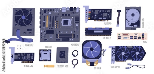 Collection of computer components. Pc and laptop parts: power supply, motherboard, audio card, HDD, RAM, network card, SSD, processor, CPU, video adapter isolated on white. Vector flat illustration
