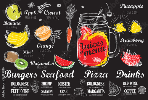 Juice menu, hand drawn illustration. Smoothie.