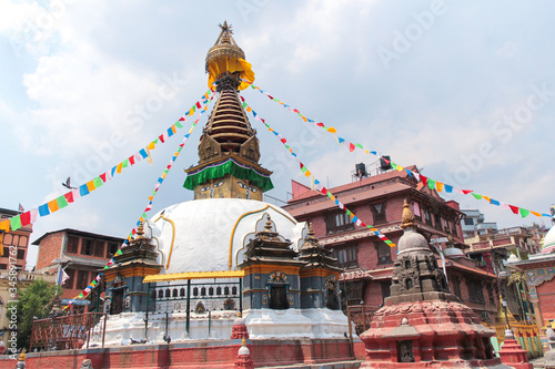 View of buddhist Kathesimbhu stupa (also known as Kaathe Swyambhu Shree Gha Chaitya) in Thamel district in Kathmandu city. Theme of beautiful religious buildings.