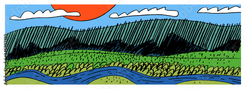 Outline landscape with sky, sun, clouds, mountains, river, bushes. Color vector illustration. It can be used in stores, supermarkets, boutiques, on sites, booklets, price tags, in the mailing list, po