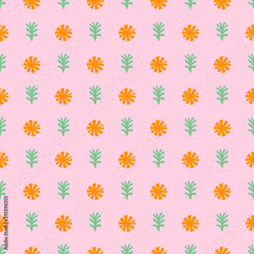 Simple floral seamless pattern. Abstract flowers and leaves in retro background. Cute minimal retro surface, fabric, textile design. Elegant scandinavian pastel backdrop for Easter.