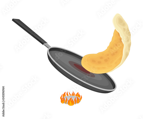 Frying Pan on Burner with Golden Pancake Cooking on It Vector Illustration