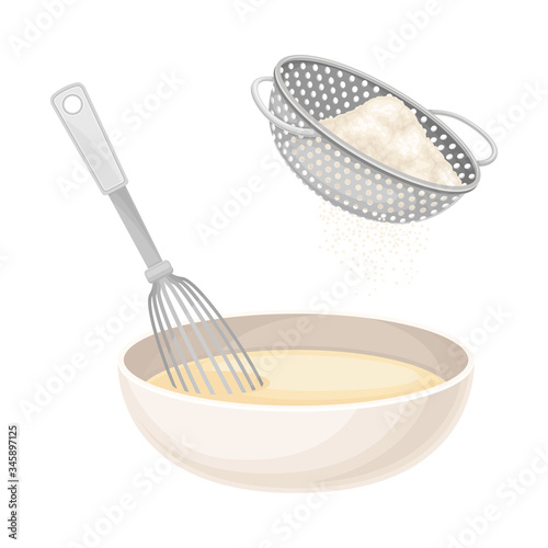 Mixing of Ingredients for Cooking Pancakes with Sieving Flour Vector Illustration