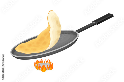 Frying Pan on Burner with Golden Pancake Cooking on It Vector Illustration