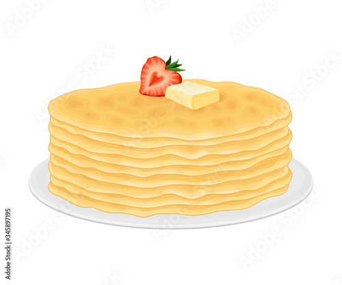 Pile of Pancakes or Crepe Served on Plate with Butter Slab on Top Vector Illustration