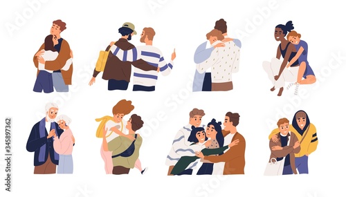 Set of different cartoon people hugging feeling love and positive emotion vector graphic illustration. Collection of friends, couple, teens and married embracing isolated on white background photo