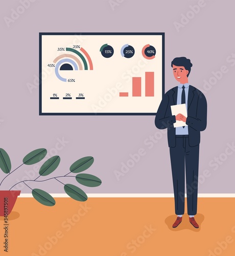 Business male character in suit talking near board with chart and diagram dur...